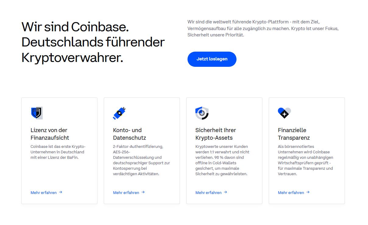 Ein Ausschnitt aus der Webpräsenz von Coinbase. Quelle: coinbase.com