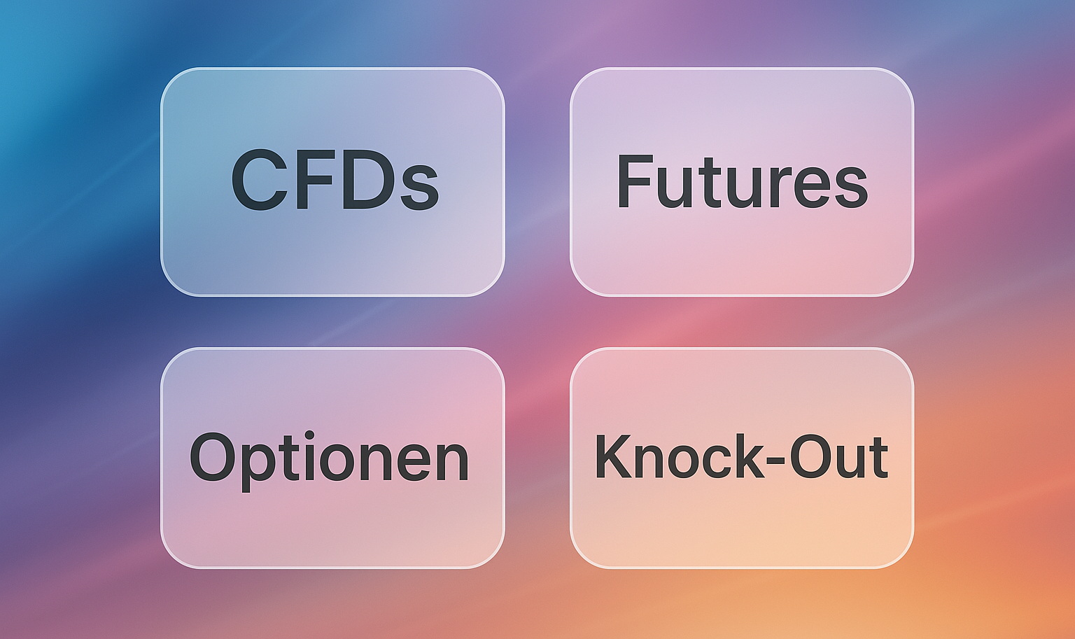 Eine Übersicht verschiedener Arten von Derivaten, darunter CFDs, Futures, Optionen sowie Knock-Out-Zertifikate.