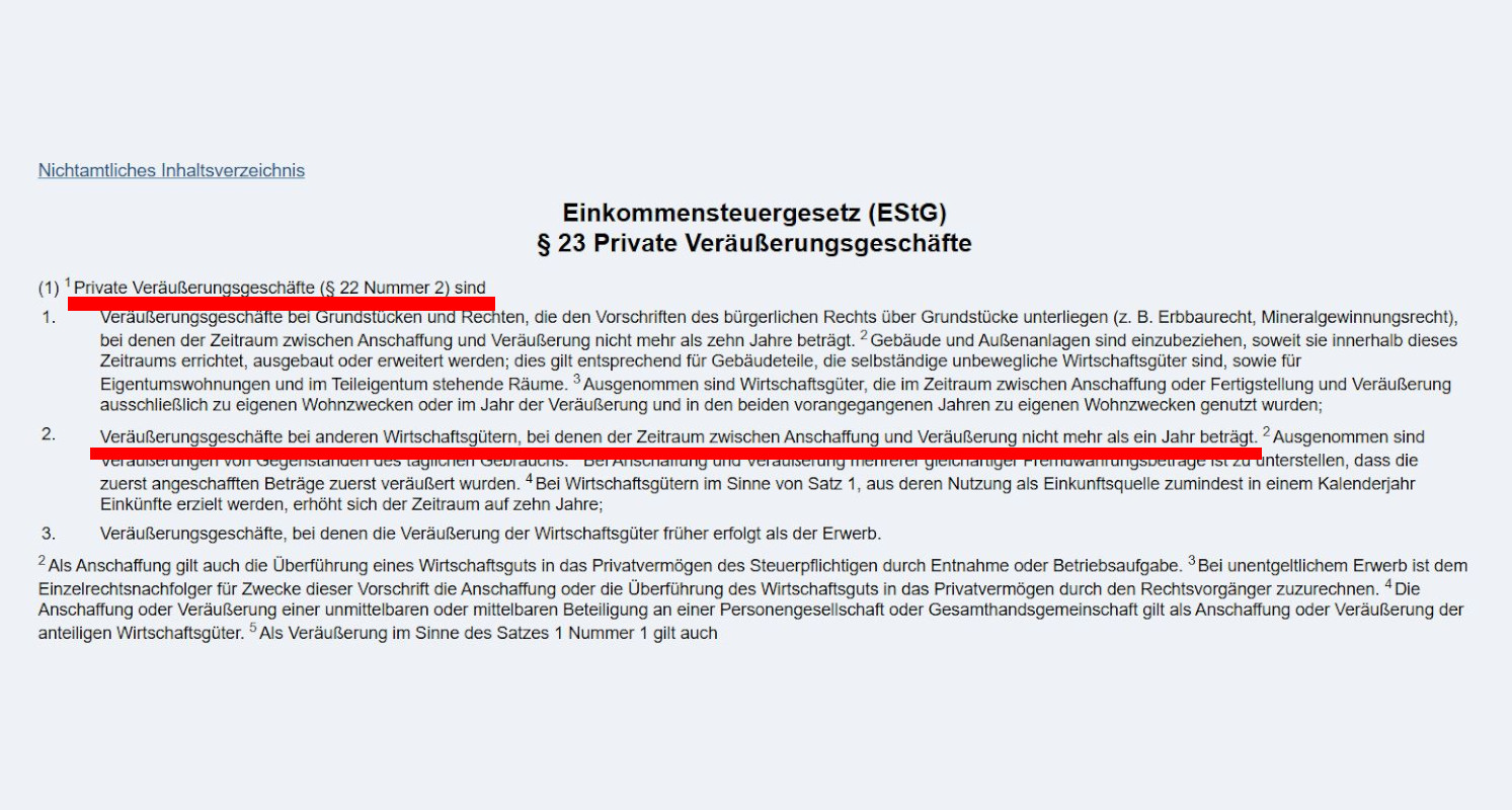 Der Gesetzestext zur jährlichen Haltefrist bei privaten Veräußerungsgeschäften. Quelle: Bundesamt für Justiz