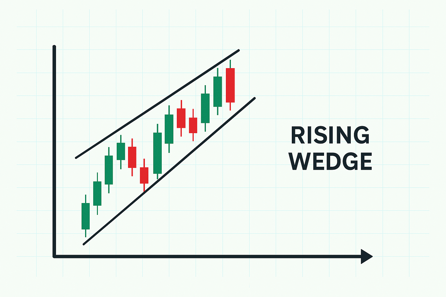 Ein Rising Wedge ist ein bearishes Muster, bei dem die Kurse in einem sich verengenden, aufwärts gerichteten Kanal steigen.